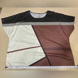 SHEIN Black Brown White Geometric Print Blouse, Round Neck, Short Sleeve, 7XL